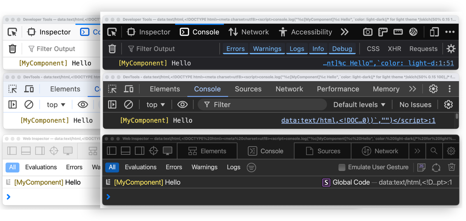 Firefox, Chrome  and Safari consoles, on both light and dark mode arranged in a grid, showing a single log: 'MyComponent Hello'. MyComponent has a yellow-ish color which is lighter in dark mode and keep a good contrast